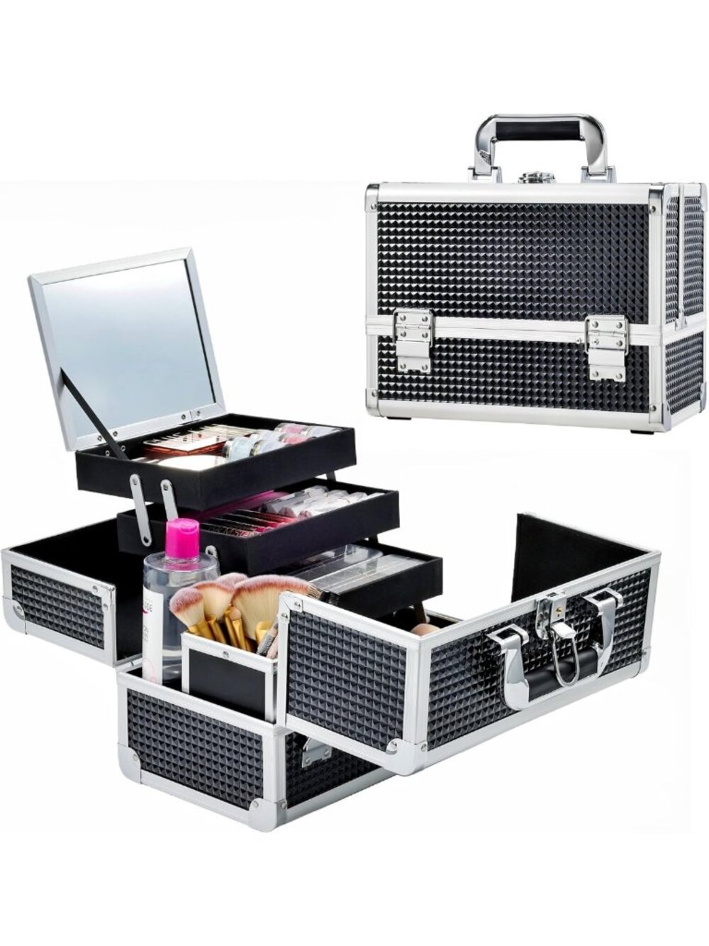 3-Tray Makeup Case with Mirror & Brush Holder - Stylish Black Organizer